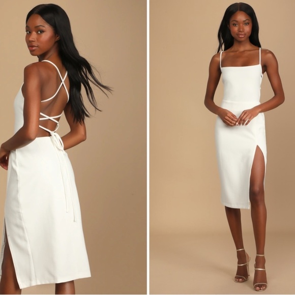 LULU's Wedding Engagement Bachelorette Bridal Shower Chic Sexy Midi Dress - Picture 3 of 5